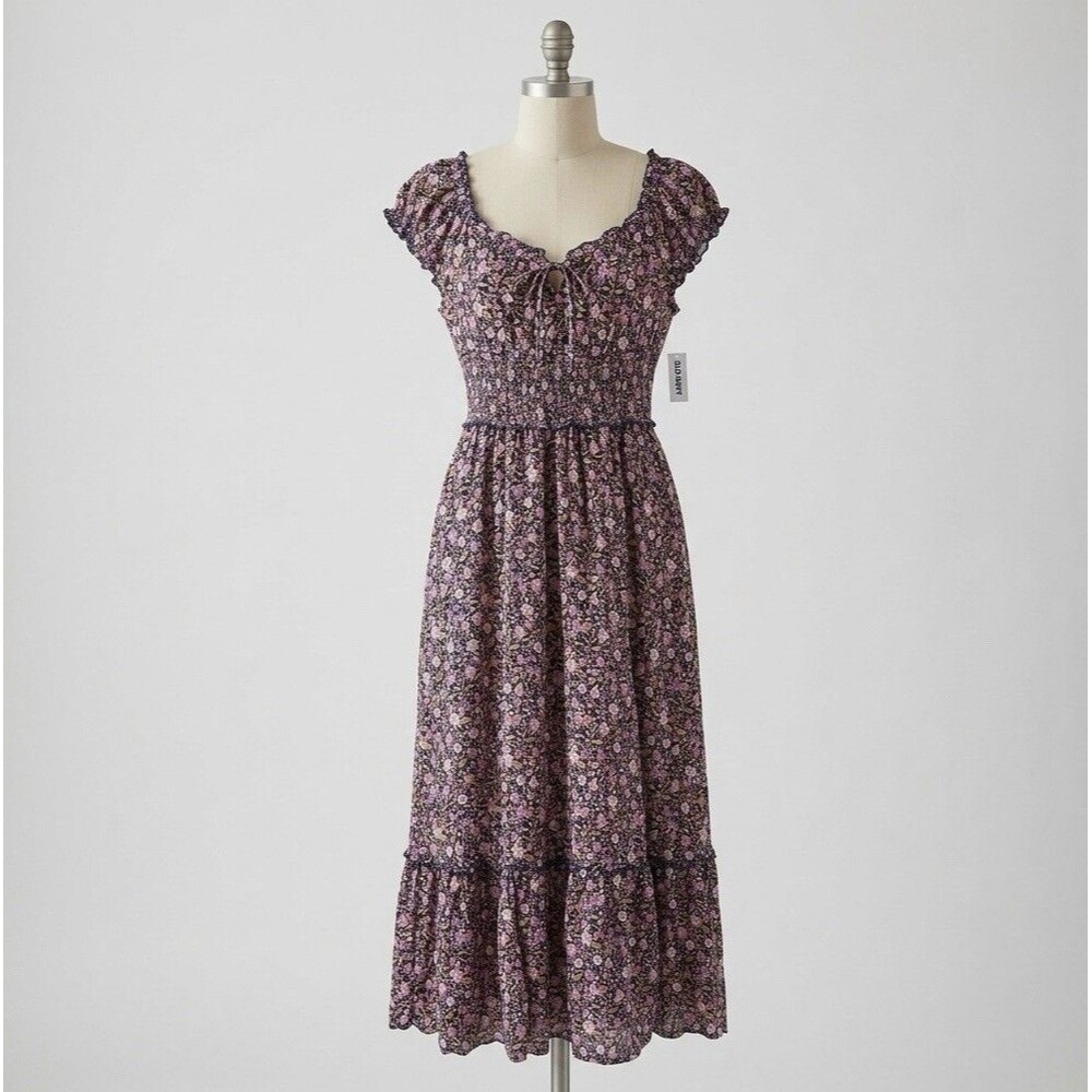 NWT Floral Smocked Tie Neck Midi Dress Flutter Sleeve Cottagecore XS Milkmaid ON